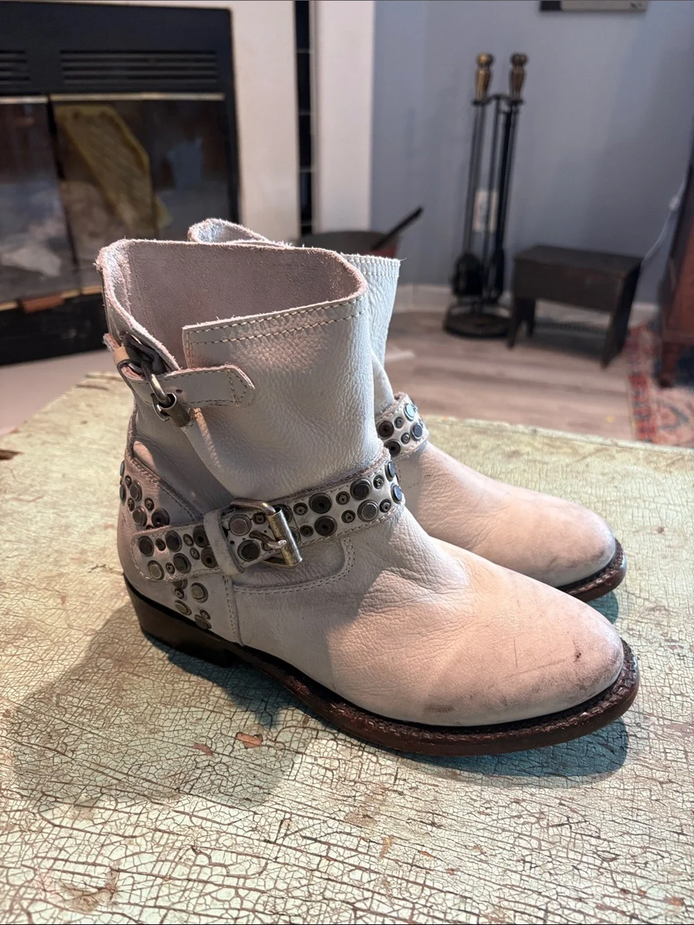 ASH Titanic White Leather Studded Buckle Moto Ankle Boots Size 38